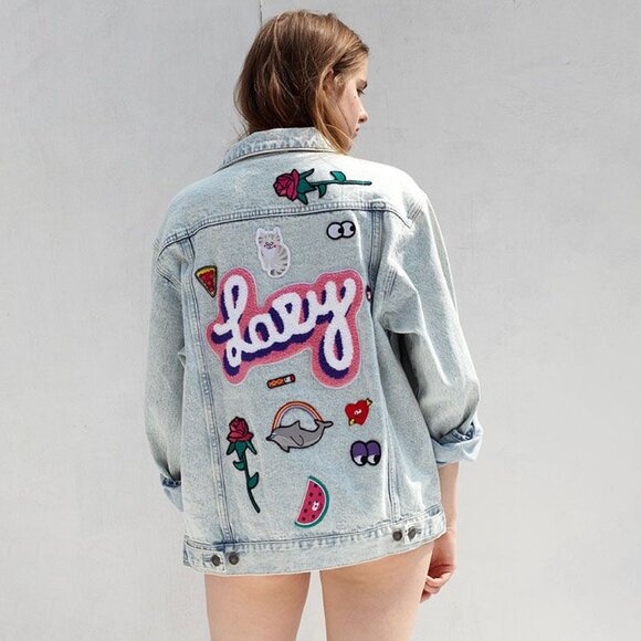Lazy Oaf My Collection Oversized Denim Jacket Embroidered Kitsch Beaded OS - Picture 1 of 6